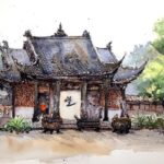 Desenhos que capturam o charme das cidades antigas em aquarela e tinta