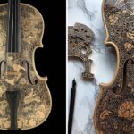 Desenhos ornamentados com tinta transformam instrumentos de cordas em livros de histórias não convencionais