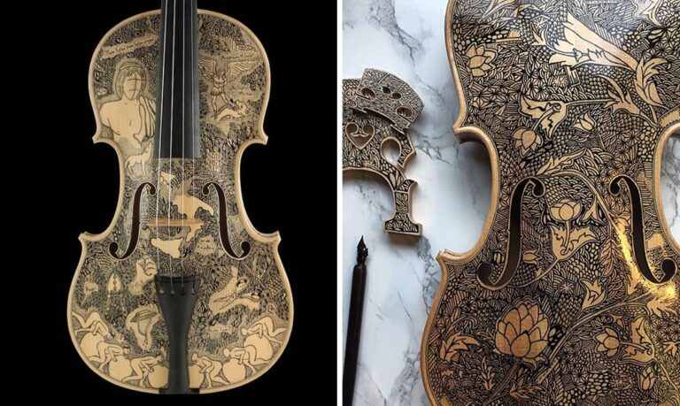 Desenhos ornamentados com tinta transformam instrumentos de cordas em livros de histórias não convencionais