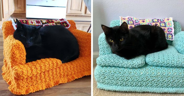 As pessoas estão fazendo pequenos sofás de croche para seus felinos