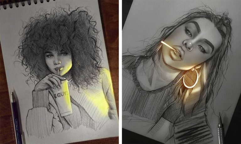 Artista cria desenhos a lápis que parecem iluminados com luzes fluorescentes