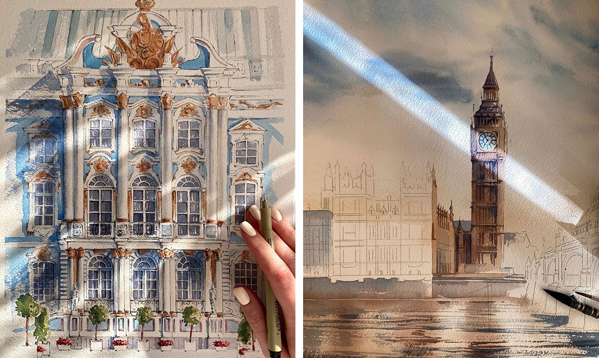 Pinturas em aquarela capturam a magia de passear pelas antigas cidades europeias