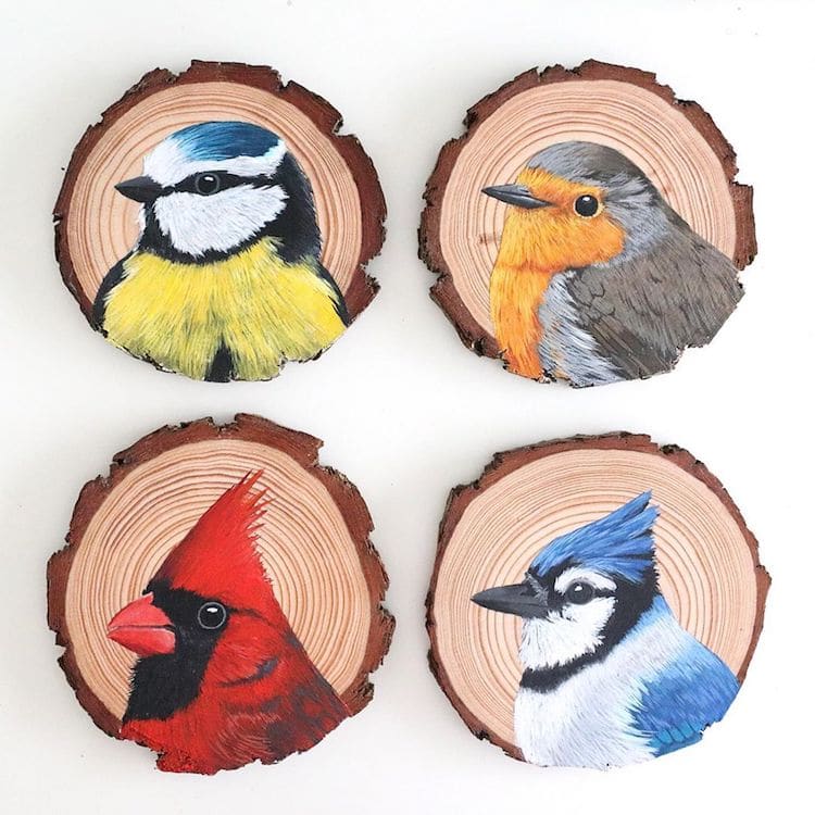 Artista passa 100 dias pintando 100 espécies de pássaros em fatias de madeira