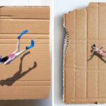 O papelão rasgado é reinventado como vastos oceanos para esses minúsculos nadadores