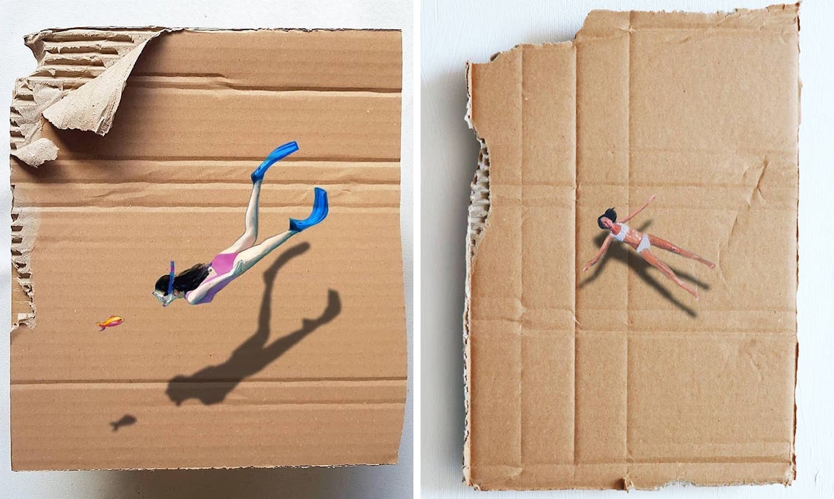 O papelão rasgado é reinventado como vastos oceanos para esses minúsculos nadadores