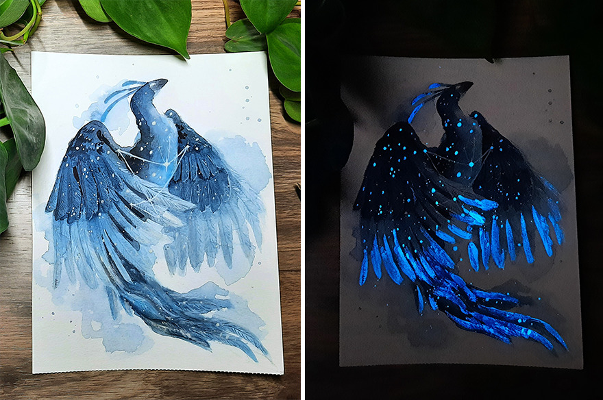 Animais em aquarela que brilham no escuro