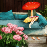Ilustrações sonhadoras de personagens, cogumelos e plantas