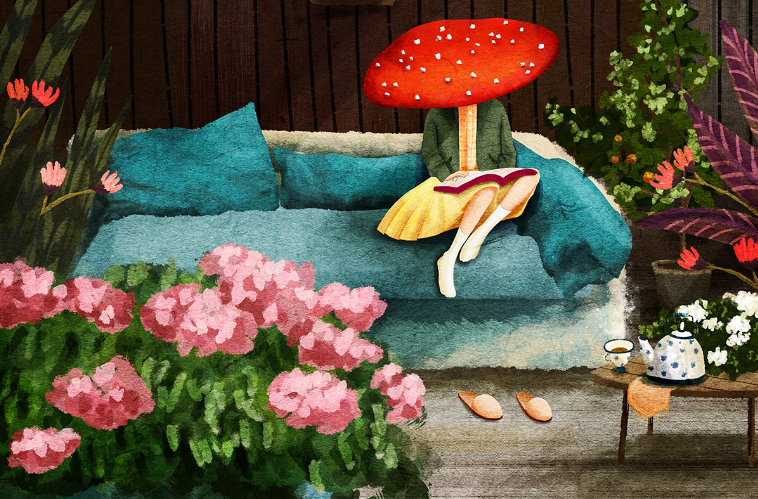 Ilustrações sonhadoras de personagens, cogumelos e plantas