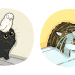 Fotos engraçadas e famosas de gatos da Internet são ilustradas em cartoon