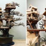 Pequenas casas feitas à mão dentro de bonsais