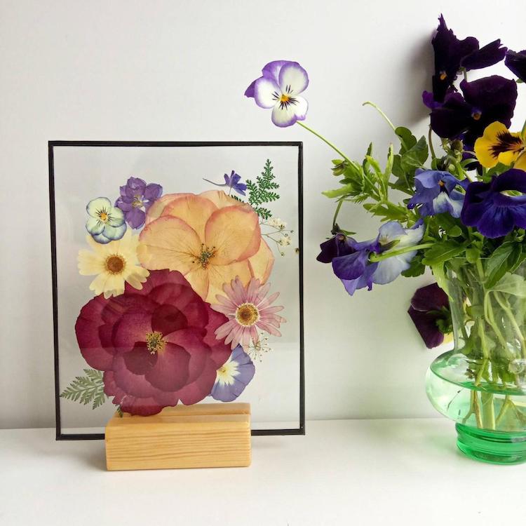 Artista moldura flores prensadas em vidro pra que você possa admirar a primavera o ano todo
