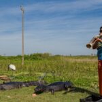 Maria é respeitada pelos 60 jacarés que vivem próximo a sua casa