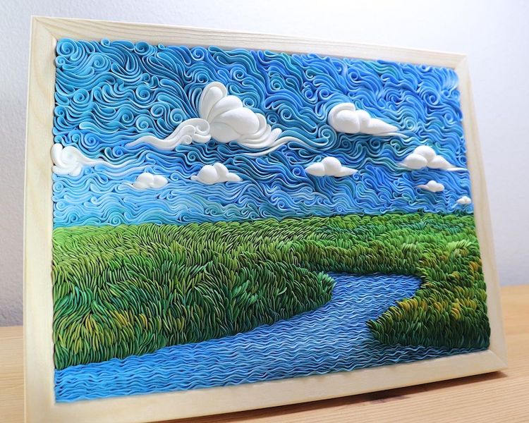 Artista esculpe argila de polímero em paisagens coloridas em redemoinho