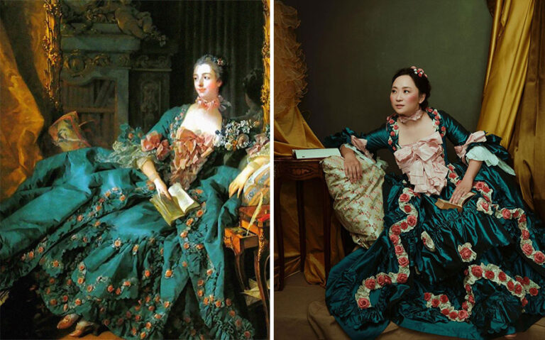 Christine cria roupas com base nas tendências da moda do ano 1700