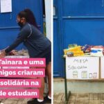 Crianças criam mesa solidária na porta de escola para doação de alimentos não-perecíveis