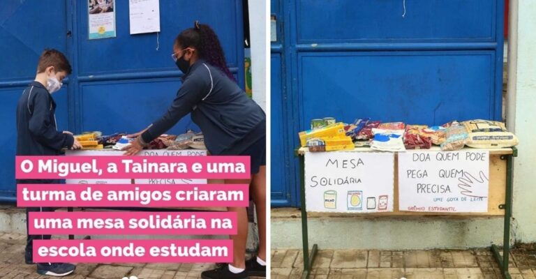 Crianças criam mesa solidária na porta de escola para doação de alimentos não-perecíveis