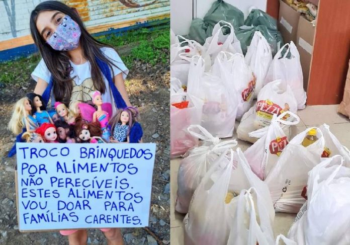 Menina troca seus brinquedos por alimentos para doar a famílias carentes