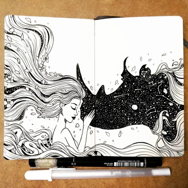 Lindas ilustrações combinando animais, pessoas e o céu noturno