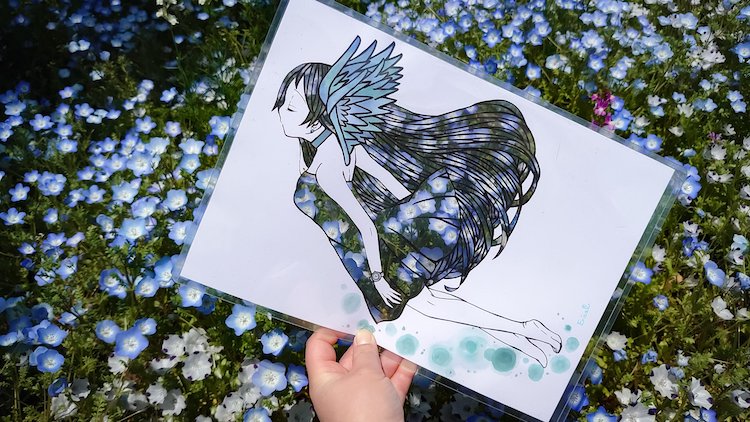 Artista de corte de papel preenche desenhos com a mudança das cores da natureza