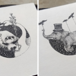 Desenhos em miniatura com milhares de pontos de tinta