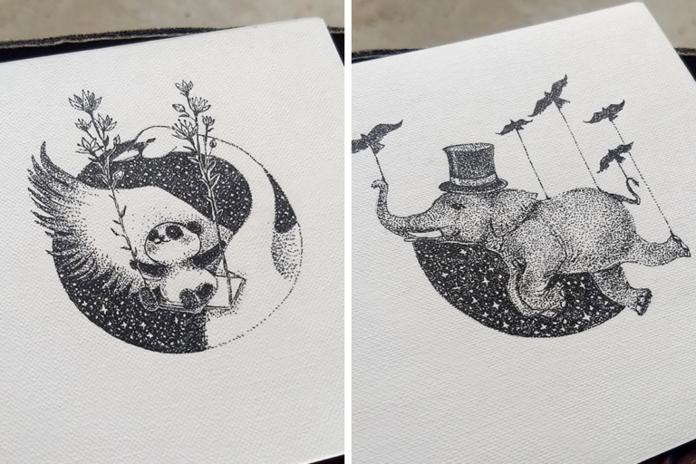 Desenhos em miniatura com milhares de pontos de tinta