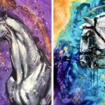 Artista pinta lindos cavalos em paisagens abstratas