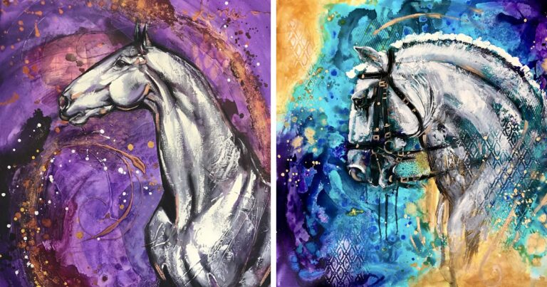 Artista pinta lindos cavalos em paisagens abstratas