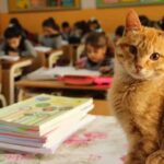 Nesta escola, as crianças dividem carteiras com gatos abandonados