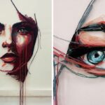 Retratos de linha em grande escala são bordados com maestria em tule