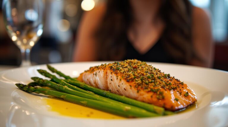Salmão com crosta de ervas e aspargos