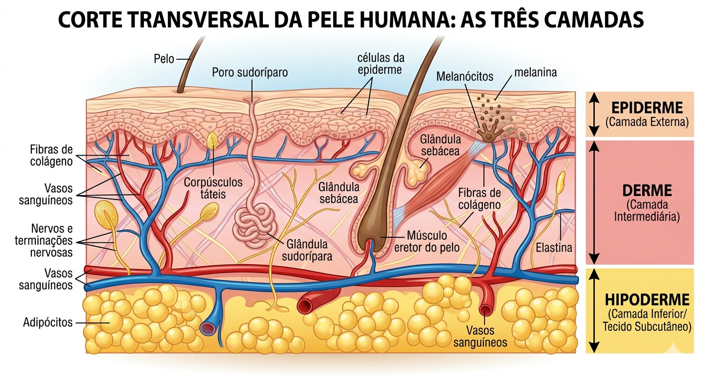 Corte transversal da pele humana mostrando epiderme, derme e hipoderme