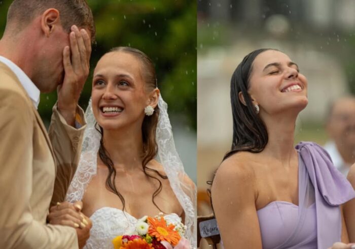 Chuva transforma casamento na praia em cena de cinema